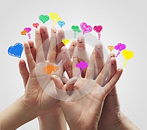 Group of finger with love heart speech bubbles