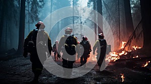 Group of firefighters bravely making their way through a burning forest