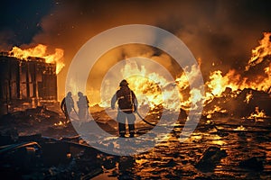 A group of firefighters standing in front of a fire