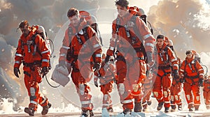 Group of firemen in orange suits and helmets standing in the smoke