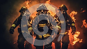 A group of firemen in protective gear walking in front of a fire. Generative AI image.