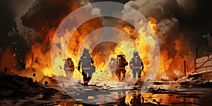 A group of firemen standing in front of a fire. AI.