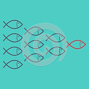 Group of fish follow the with their leader. Leadership concept. Vector illustration