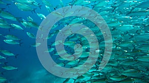 group of fish or school of fish at the ocean swimming in group on blue background