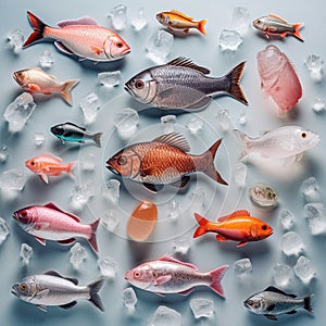 a group of fish surrounded by ice and other food