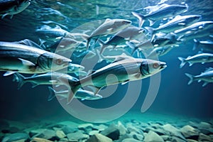 a group of fish swimming in unison with one fish swimming alone