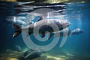 a group of fish swimming in unison with one fish swimming alone