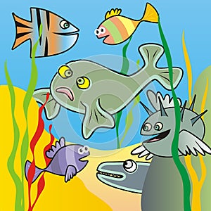 Group of fishes, humorous vector icon