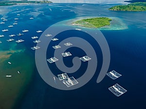 Group of fishing boats in ocean near Sumbawa. Drone view