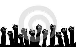 Group of fists raised in air. Group of protestors fists raised up in the air vector illustration