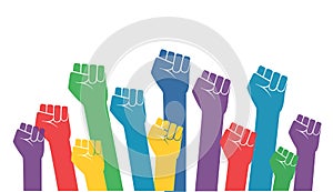 Group of fists raised in air. vector illustration