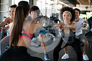 Group of fit people at the gym exercising