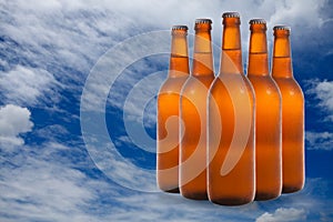 A group of five beer bottles in a diamond formation on sky background.