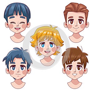 group of five cute youngs boys teenagers manga anime heads characters