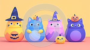 A group of five different colored cats with witch hats on, AI