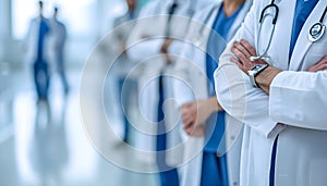 group of five doctors with stethoscope on white blurred hospital