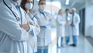 group of five doctors with stethoscope on white blurred hospital