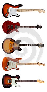 Group of Five Electric guitars on white background