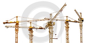 Group of five hoisting cranes on white photo