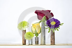 Group of Five Rusted Bullet Casings Holding Flowers on White Background