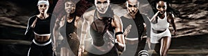 Group of five strong athletic women, sprinters, running on dark background wearing in the sportswear, fitness and sport