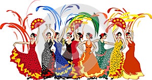 Group of flamenco dancers in colorful traditional spanish dresses and colorful fireworks