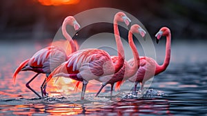 A group of flamingos standing in the water at sunset, AI