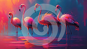 a group of flamingos standing in the water with their necks crossed. generative ai