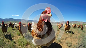 A group of a flock of chickens standing in the grass, AI