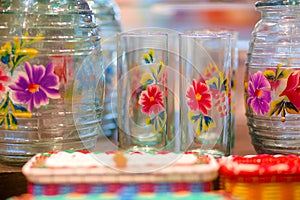 Group of Floral Painted Mexican Glassware