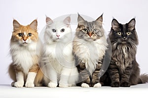 Group of Fluffy Maine Coon Cats Sitting Together