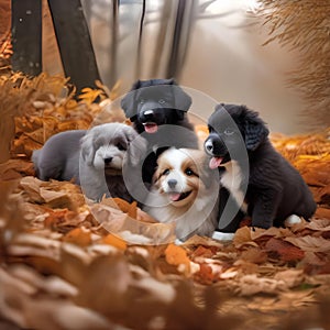 A group of fluffy puppies of various breeds, frolicking in a pile of autumn leaves5
