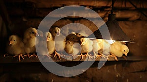 A group of fluffy yellow baby chicks huddled together under a heat lamp in a cozy hidden barn. Raised for their meat