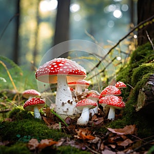 Group of fly agaric mushrooms sitting together in the forest