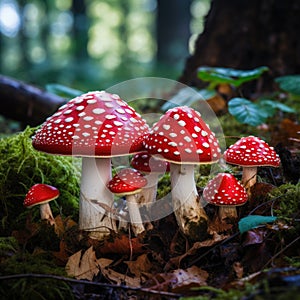 Group of fly agaric mushrooms sitting together in the forest