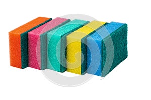 Group of foam sponges with abrasive material used by housewives who care about cleanliness in home