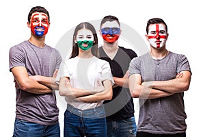 Group of football fans support their national team: Slovakia, Wales, Russia, England at camera