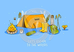 Group of forest and mountain hiking items on blue background - cartoon objects for Your camping design
