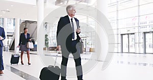 Group of formal business people walking through a busy airport hall pulling their trolley bags. Businessman with