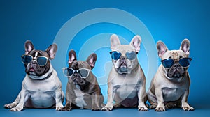 A group of four 4 french bulldogs wearing sunglasses in front of blue studio background - pet studio photography