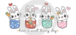 Group of four cute baby white happy bunny rabbit animal in sweet t shirt pocket, have a sweet bunny day banner, cartoon character