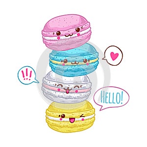 Group of four cute kawaii macarons