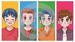 group of four cute youngs boys teenagers manga anime characters