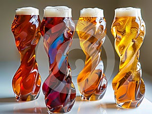 A group of four glass vases sitting next to each other on a table