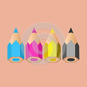 A group of four little pencils showing CMYK colors. Vector illustration