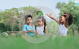 Group of four mixed race African and caucasian little cute kids sitting, playing in outdoor green park for picnic, eating fruit,