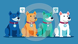 A group of four puppies wearing colorful collars with matching digital identity chips ensuring each owner can easily