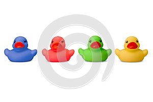 Group of four rubber ducks in primary colours