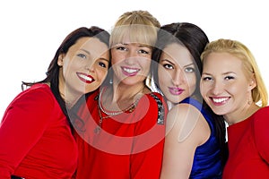 Group of four sexy, beautiful young happy women. Isolated on white