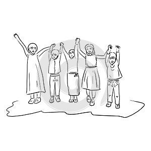 Group of four smiling kids with raised hands vector illustration sketch doodle hand drawn isolated on white background